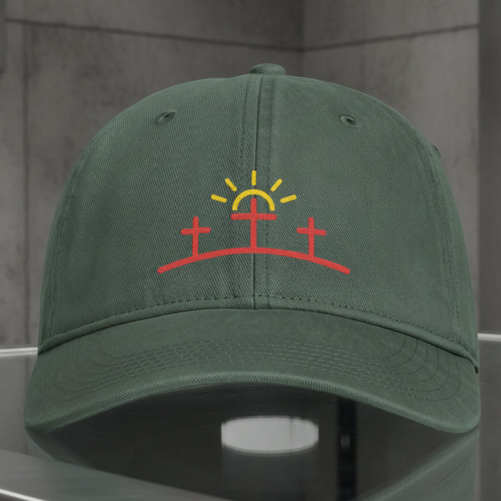 Three Crosses Sunrise Cap in Moss (green) — three crosses, sunrise, Comfort Colors CCWC0 washed christian cap