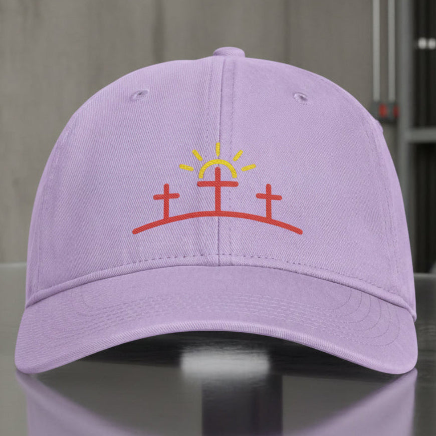 Three Crosses Sunrise Cap in Orchid (lilac) — three crosses, sunrise, Comfort Colors CCWC0 washed christian cap