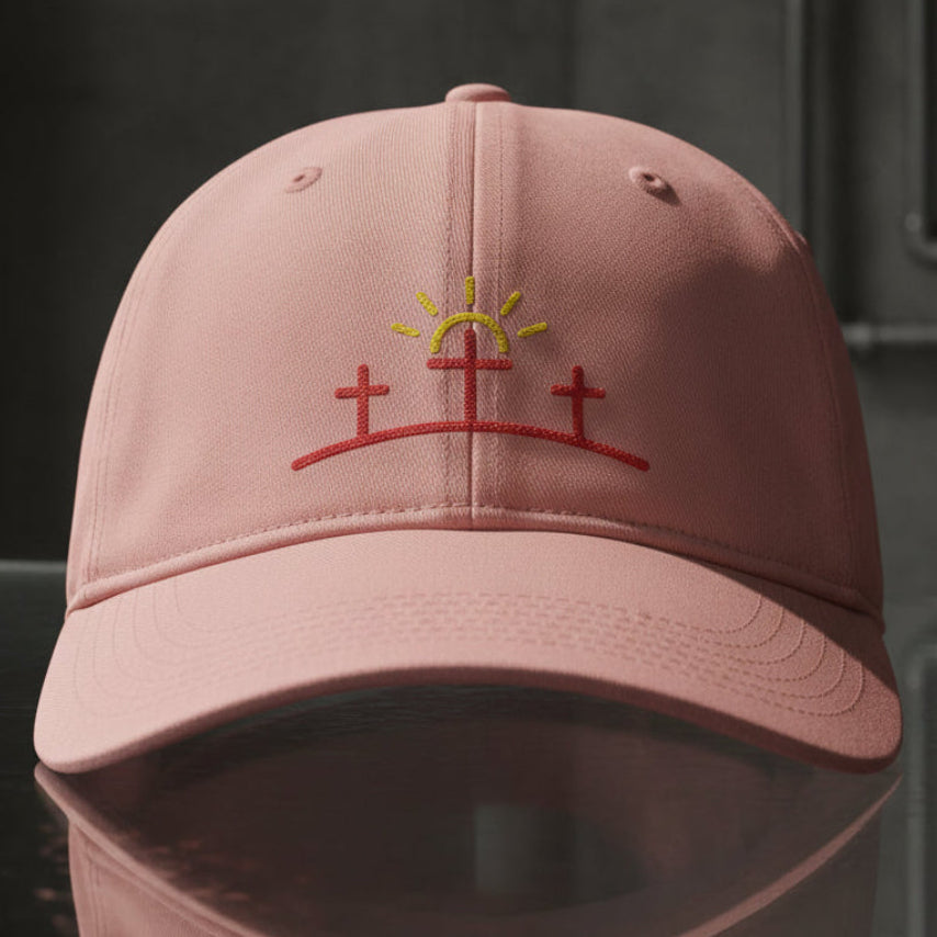 Three Crosses Sunrise Cap in Peachy (soft peach) — three crosses, sunrise, Comfort Colors CCWC0 washed christian cap
