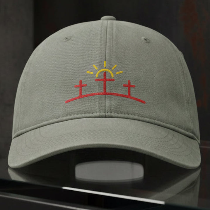 Three Crosses Sunrise Cap in Sandstone (tan) — three crosses, sunrise, Comfort Colors CCWC0 washed christian cap