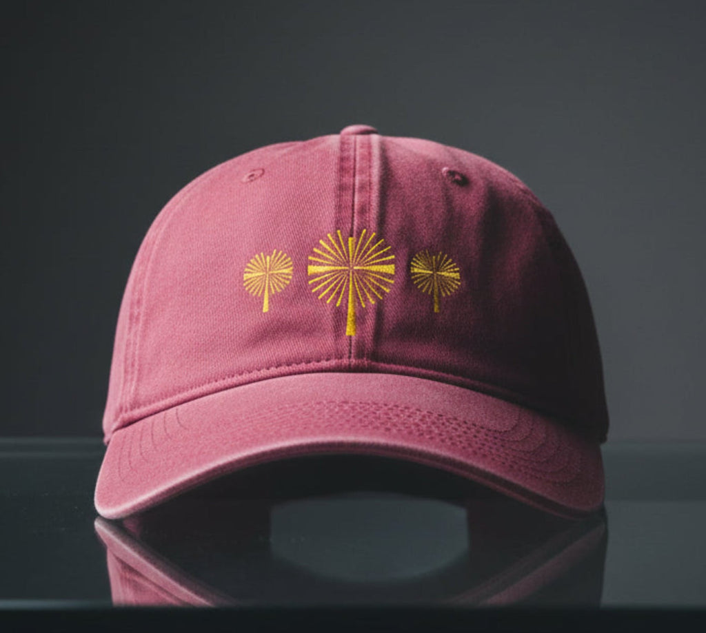 Three Palm Crosses Cap in Crimson (washed red) — three crosses, palm cross, Comfort Colors CCWC0 washed christian cap