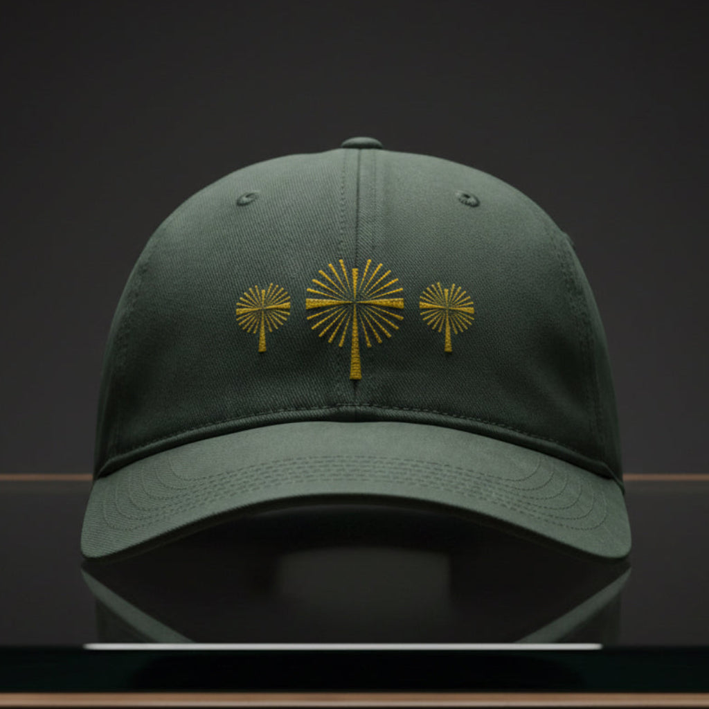 Three Palm Crosses Cap in Moss (green) — three crosses, palm cross, Comfort Colors CCWC0 washed christian cap