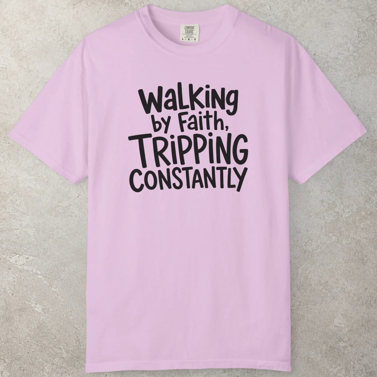 Tripping T-Shirt in Orchid (light lavender) — casual faith top, church small group, Comfort Colors 1717 unisex christian faith tee