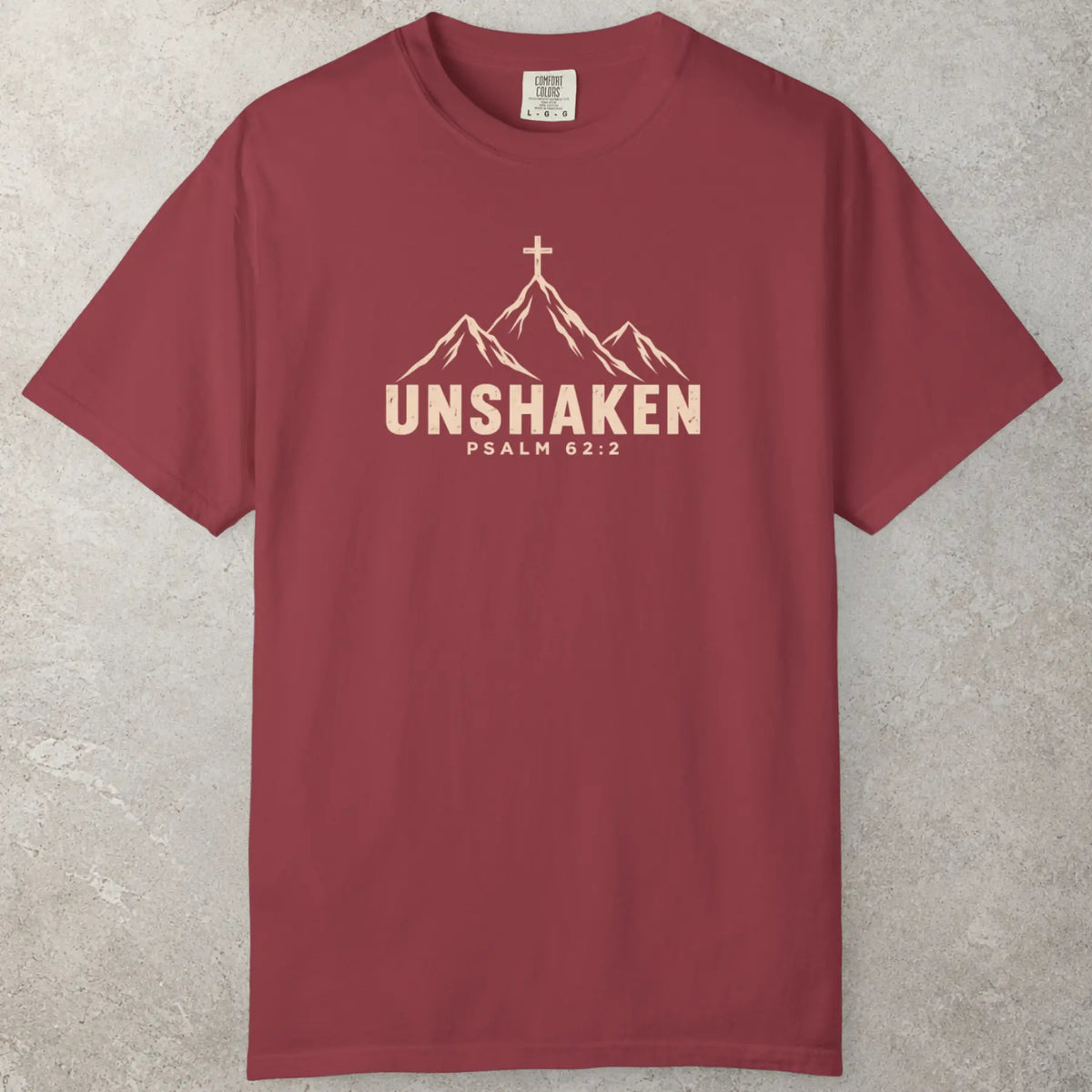 Unshaken T-Shirt in Chili (brick red-brown) — casual unisex, faith over fatigue, Comfort Colors 1717 unisex christian faith tee
