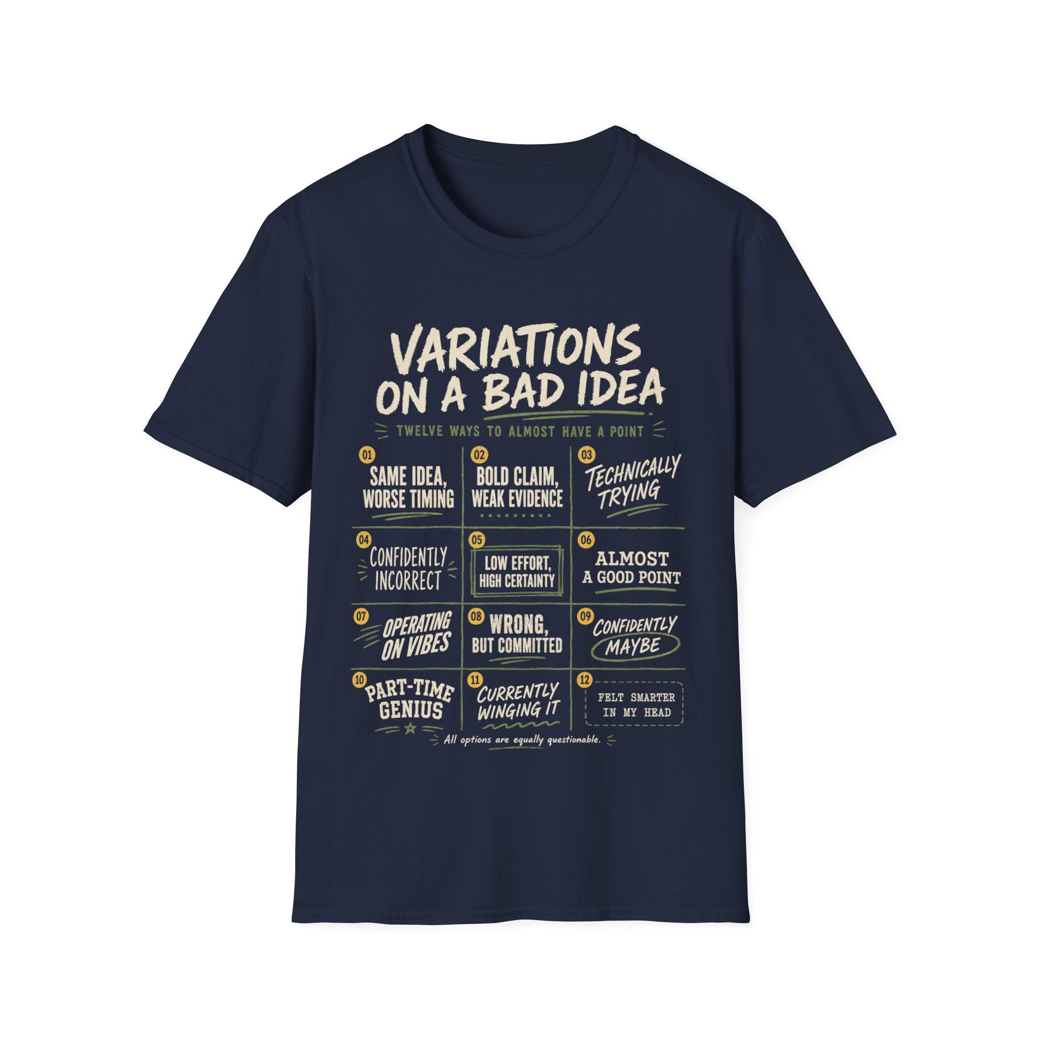 Blue Gildan 64000 Softstyle T-shirt with cream distressed typography reading Variations on a Bad Idea, featuring numbered sarcastic quote panels.