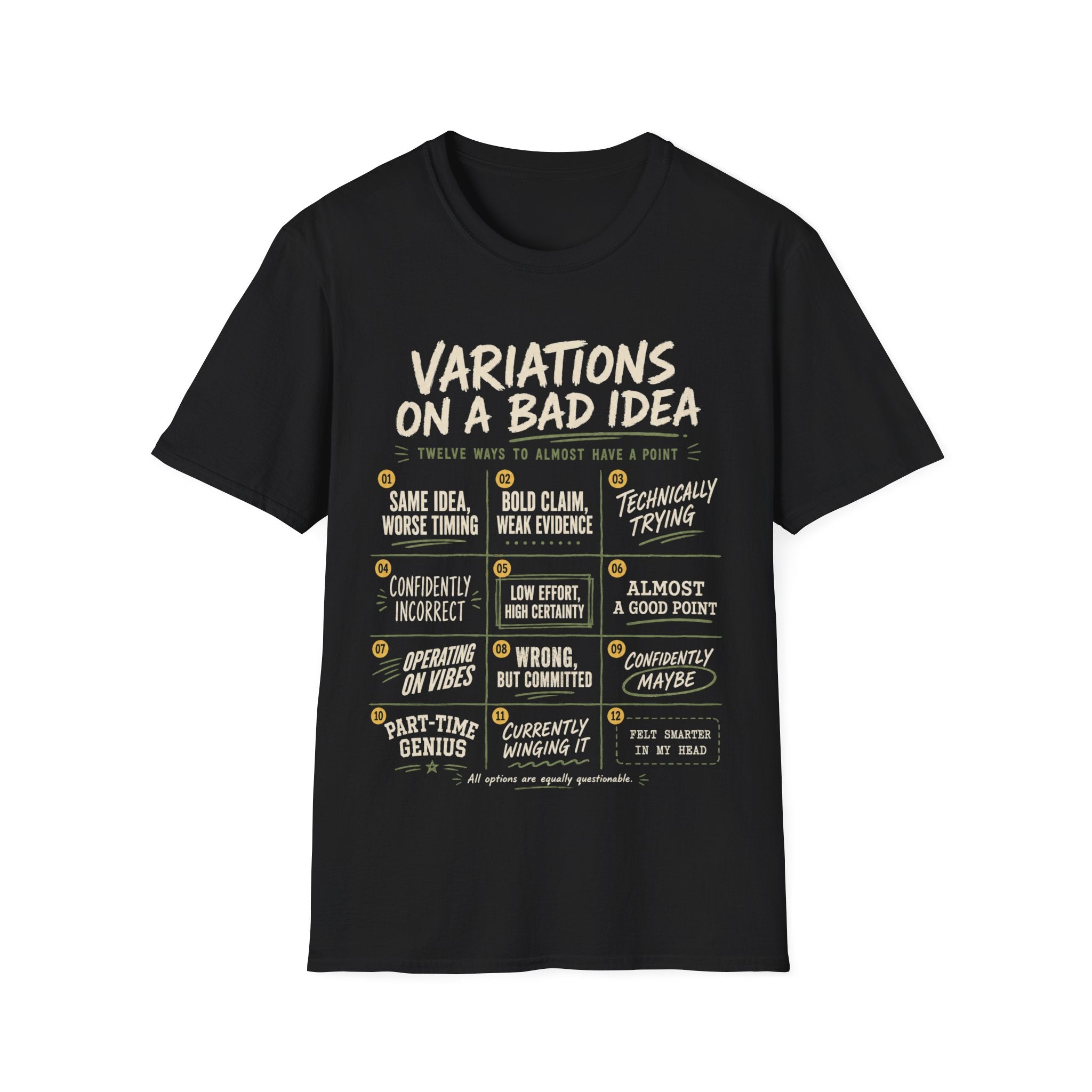 Black Gildan 64000 Softstyle T-shirt with cream distressed typography reading Variations on a Bad Idea, featuring numbered sarcastic quote panels.