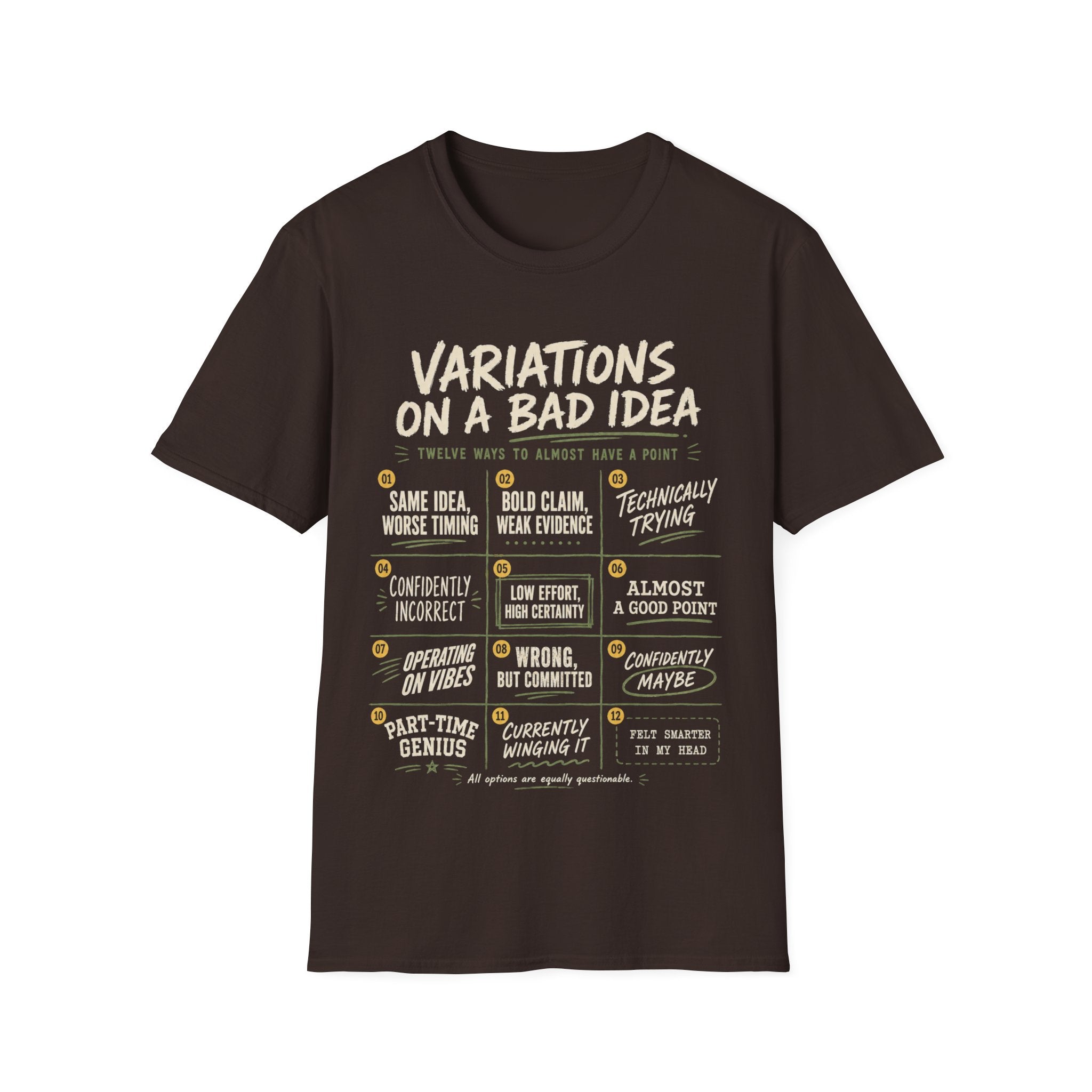 Brown Gildan 64000 Softstyle T-shirt with cream distressed typography reading Variations on a Bad Idea, featuring numbered sarcastic quote panels.
