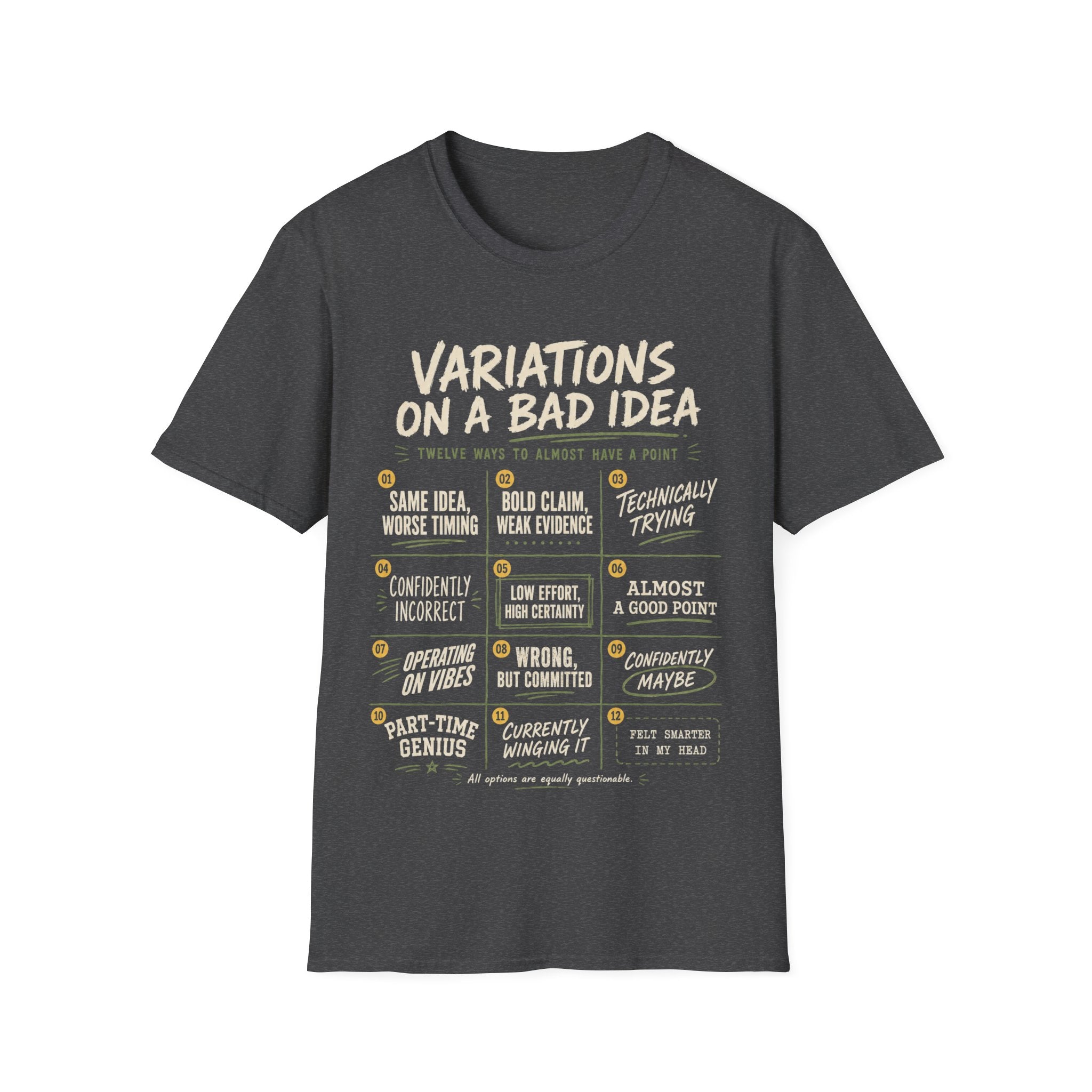 Grey Gildan 64000 Softstyle T-shirt with cream distressed typography reading Variations on a Bad Idea, featuring numbered sarcastic quote panels.