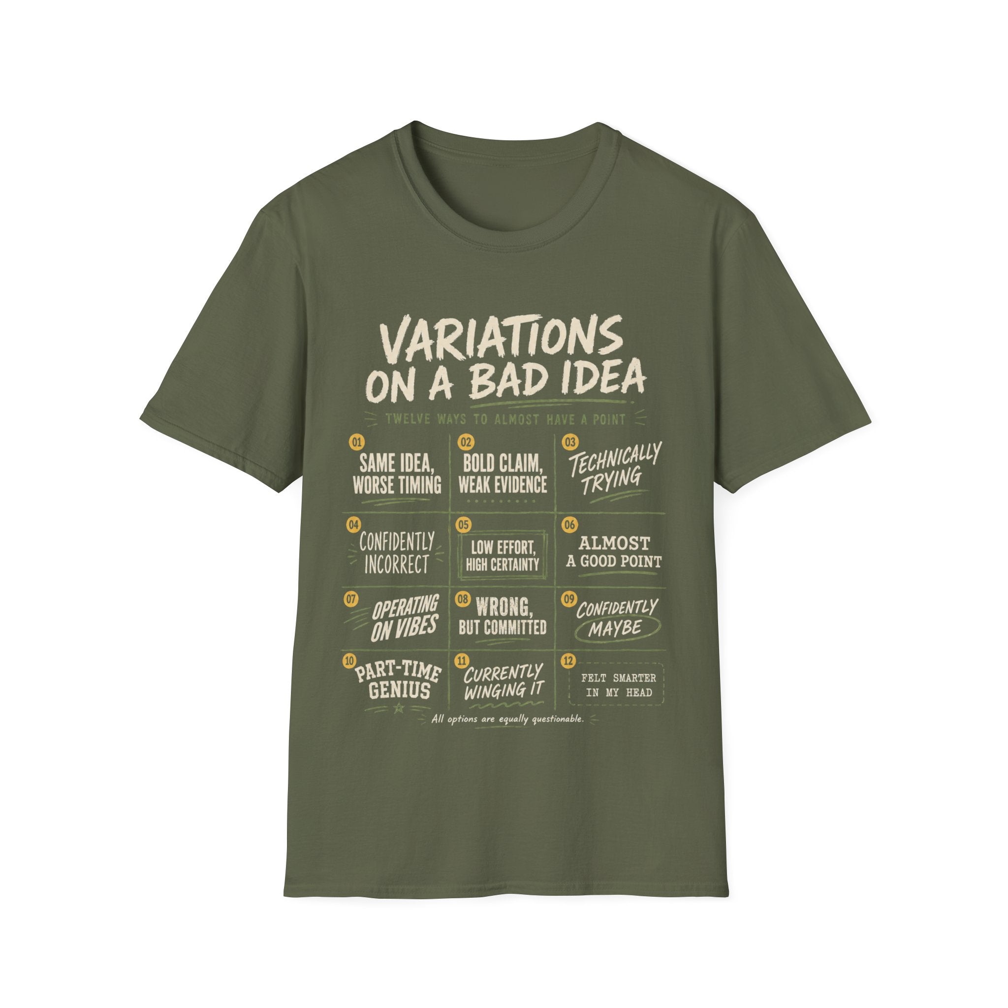 Military Green Gildan 64000 Softstyle T-shirt with cream distressed typography reading Variations on a Bad Idea, featuring numbered sarcastic quote panels.
