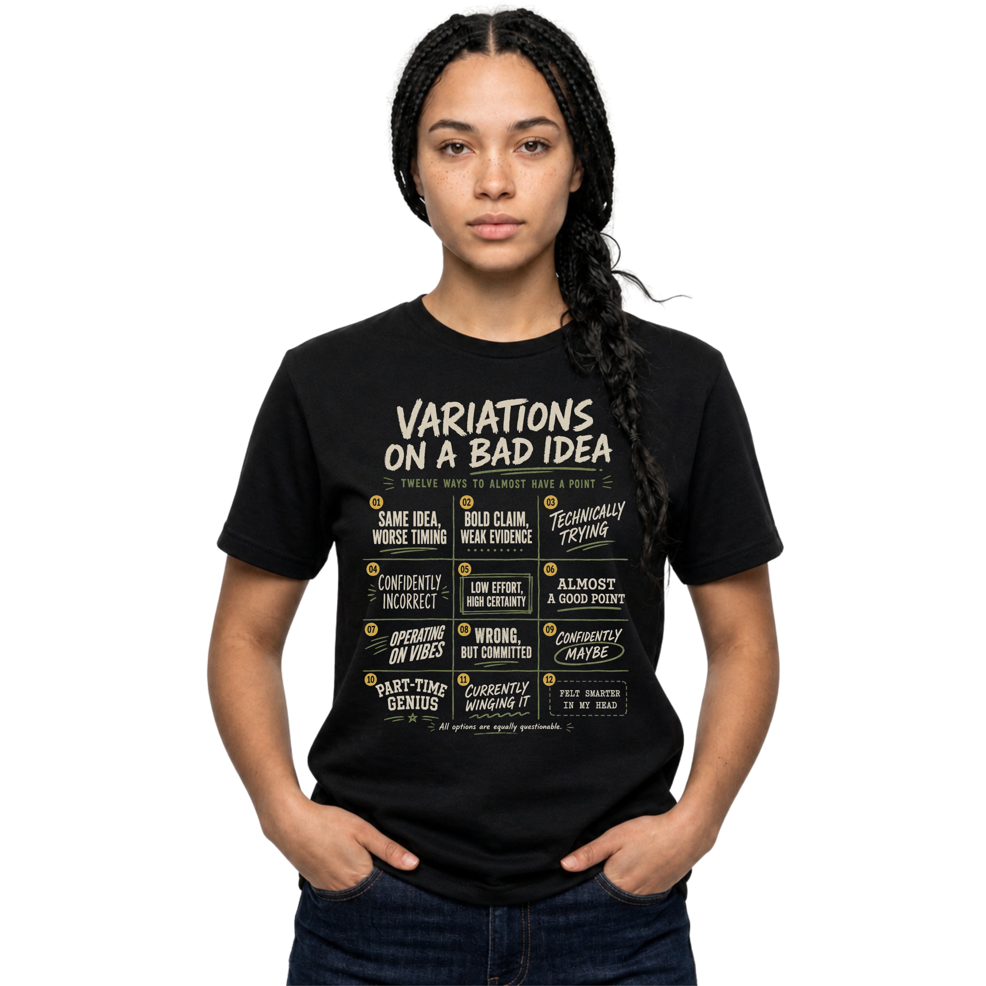 Black Gildan 64000 Softstyle T-shirt with cream distressed typography reading Variations on a Bad Idea, featuring numbered sarcastic quote panels.