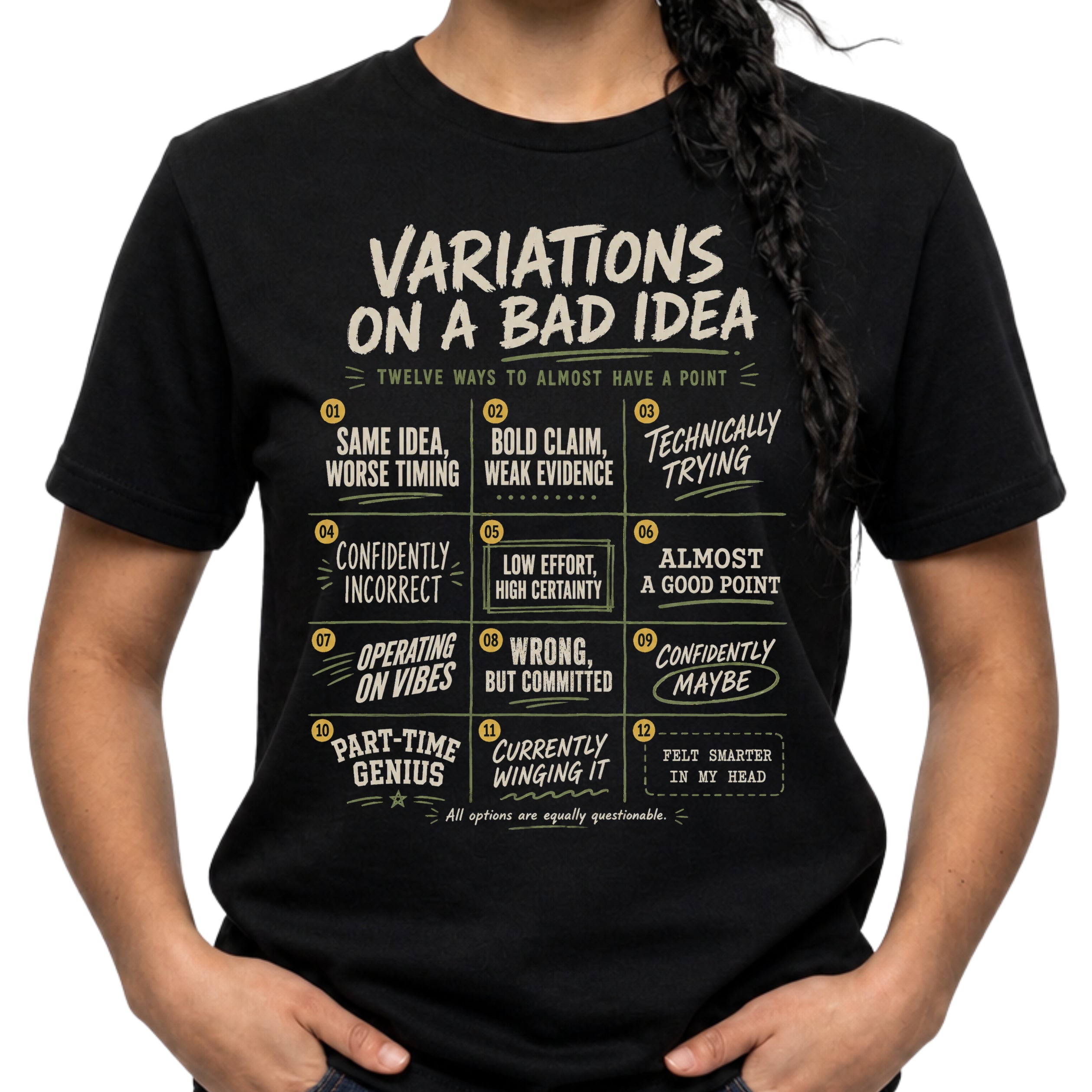 Black Gildan 64000 Softstyle T-shirt with cream distressed typography reading Variations on a Bad Idea, featuring numbered sarcastic quote panels.