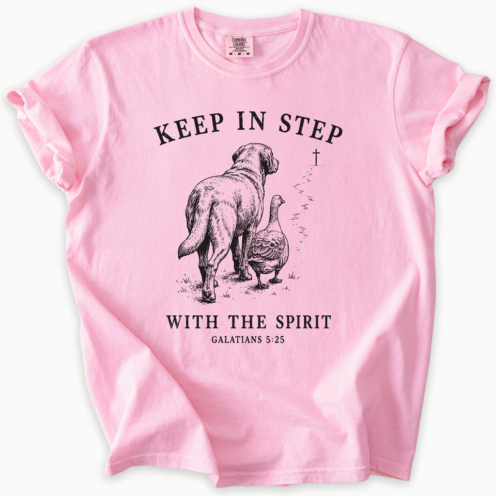 With Spirit T-Shirt in Blossom (soft pink) — Keep in step, Galatians 5:25, Comfort Colors 1717 unisex christian faith tee