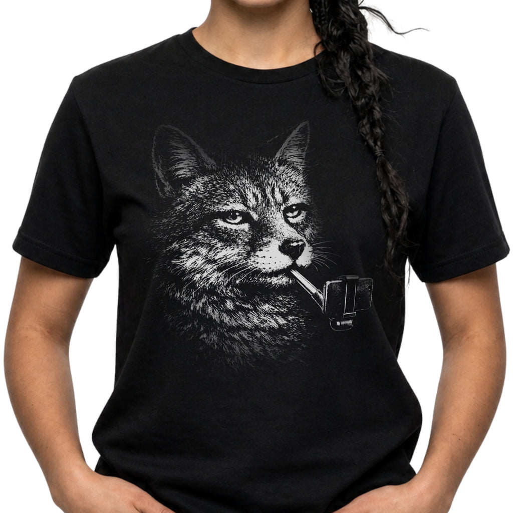 Close-up of a black graphic tee with a monochrome wolf face and selfie stick design, ideal for animal lovers and surreal streetwear style.