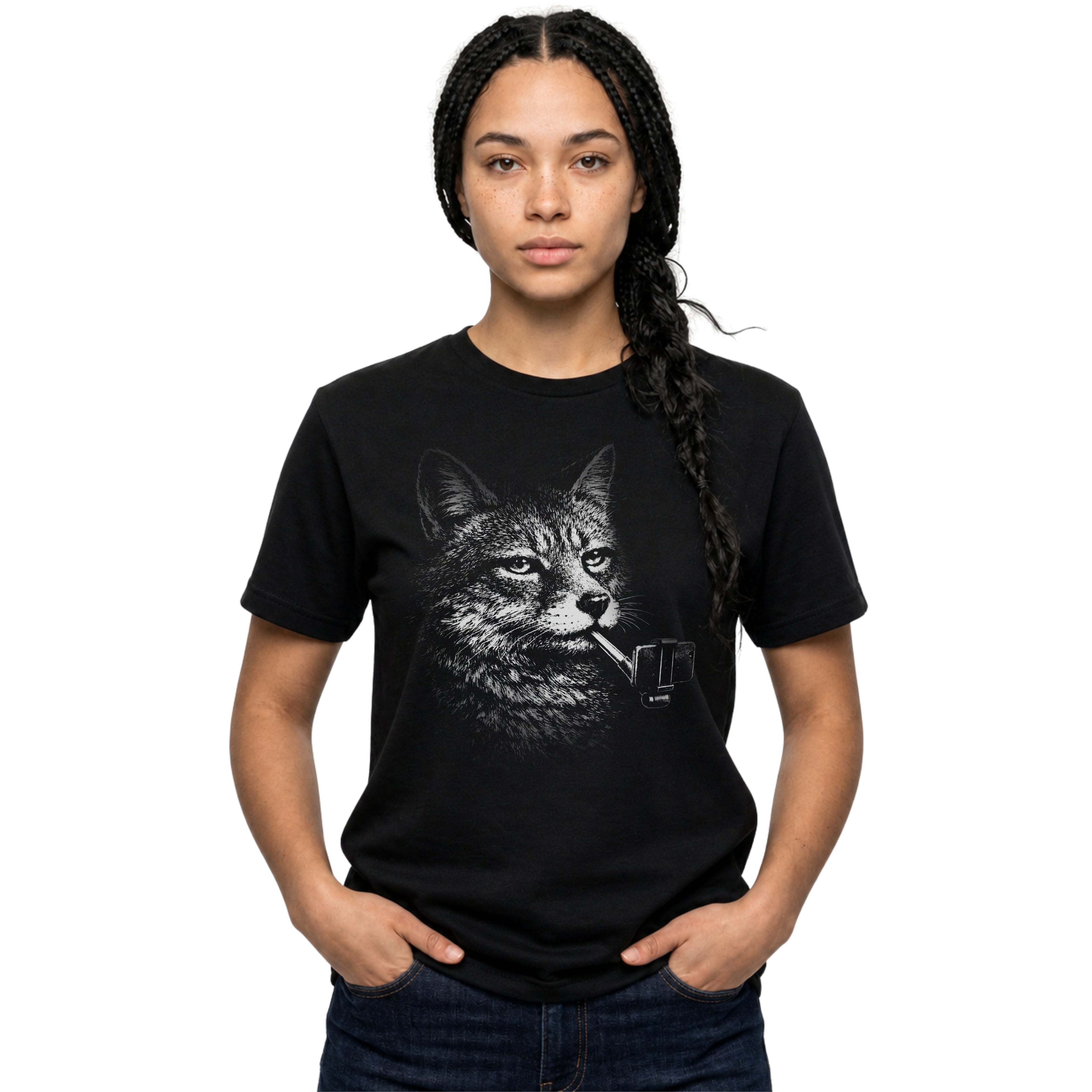 Black T-shirt featuring a distressed black-and-white wolf graphic holding a selfie stick, designed in a bold surreal animal style.