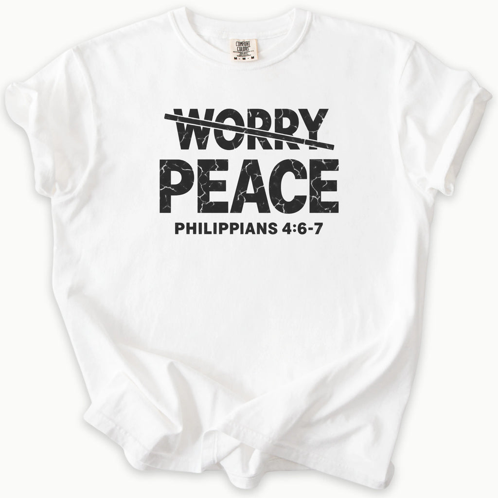 Worry T-Shirt in White — Peace Over Worry, Faith Over Anxiety, Comfort Colors 1717 unisex christian faith tee