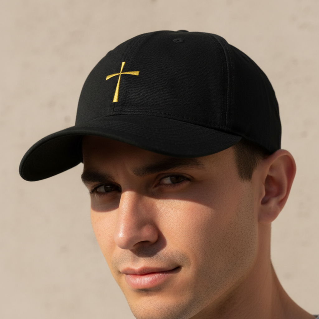 Model wearing the Yellow Cross Cap in Black — yellow cross, simple faith, Comfort Colors CCWC0 washed christian cap