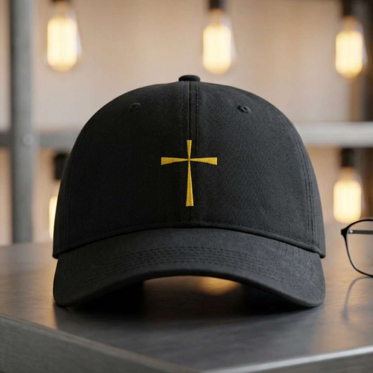 Yellow Cross Cap in Black — yellow cross, simple faith, Comfort Colors CCWC0 washed christian cap