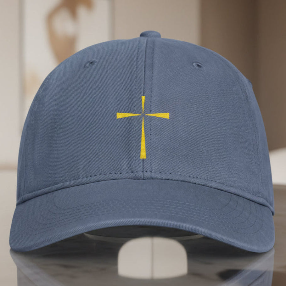 Yellow Cross Cap in Blue Jean (slate blue), alternate view — yellow cross, simple faith, Comfort Colors CCWC0 washed christian cap