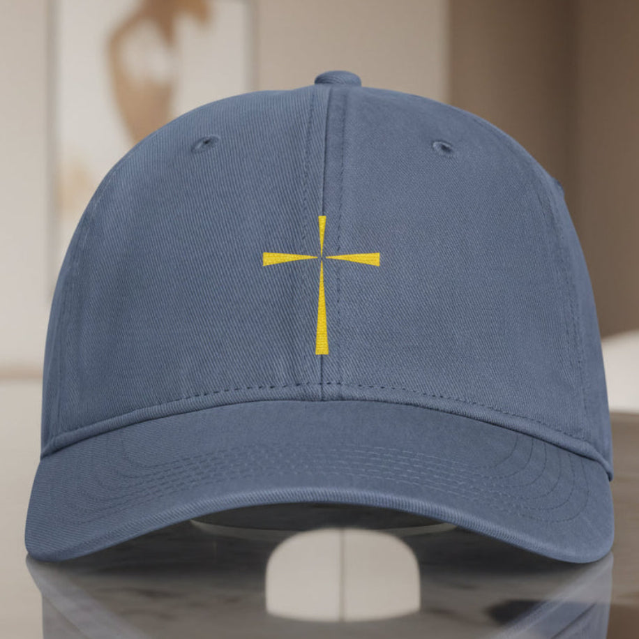 Yellow Cross Cap in Blue Jean (slate blue) — yellow cross, simple faith, Comfort Colors CCWC0 washed christian cap