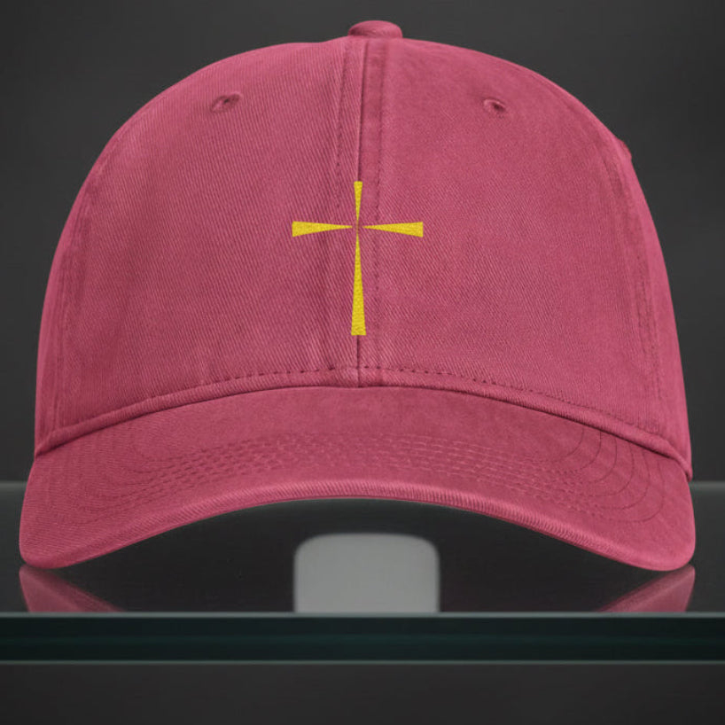 Yellow Cross Cap in Crimson (washed red) — yellow cross, simple faith, Comfort Colors CCWC0 washed christian cap