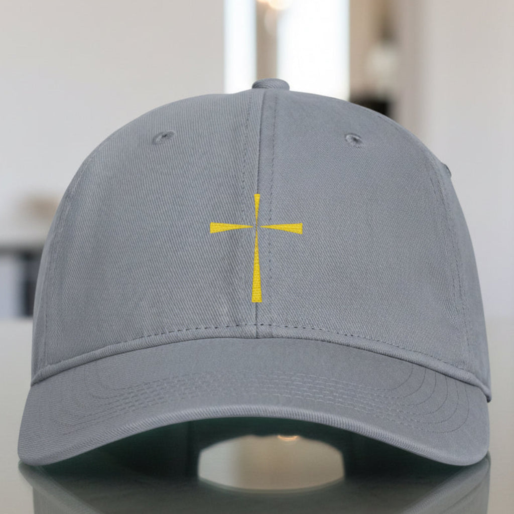 Yellow Cross Cap in Granite (grey) — yellow cross, simple faith, Comfort Colors CCWC0 washed christian cap