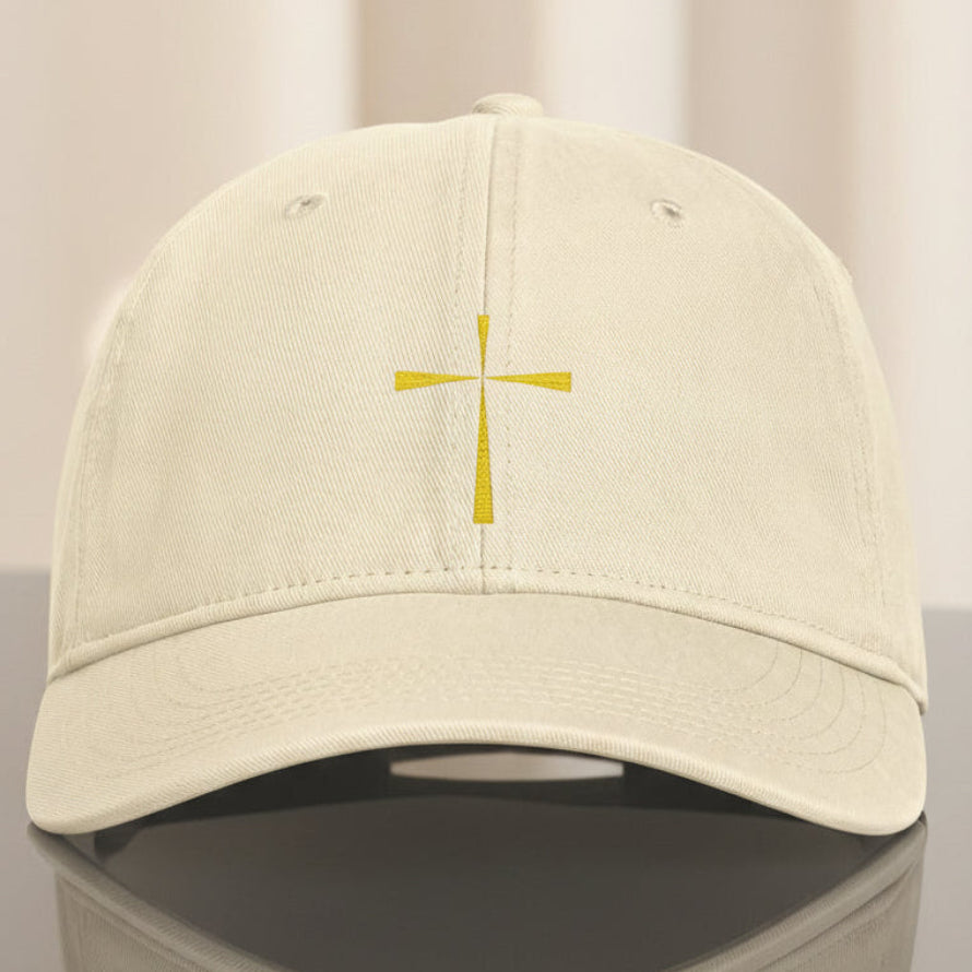 Yellow Cross Cap in Ivory (cream) — yellow cross, simple faith, Comfort Colors CCWC0 washed christian cap