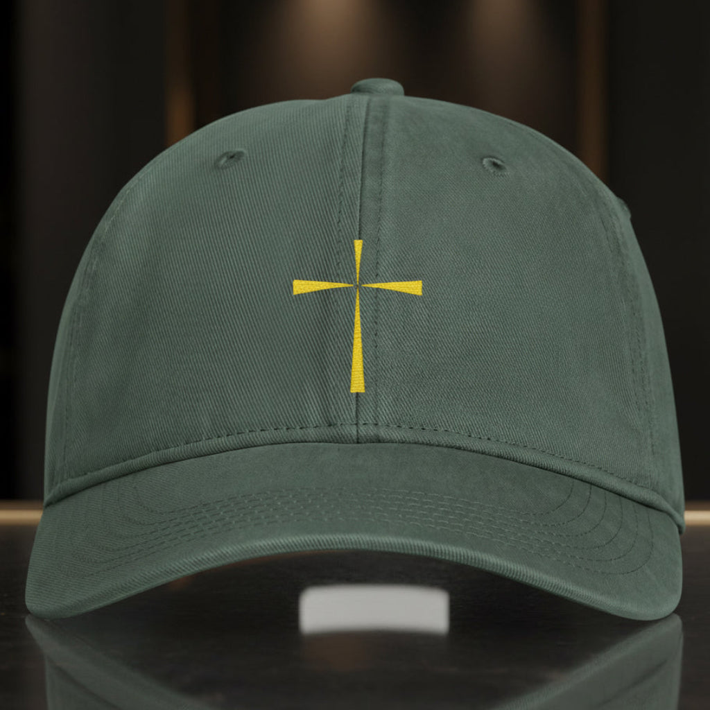 Yellow Cross Cap in Moss (green) — yellow cross, simple faith, Comfort Colors CCWC0 washed christian cap